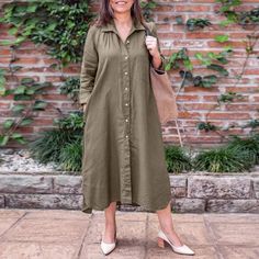 Women's Solid Cotton Linen Dress Lapel Long Sleeve Solid Single Breasted Maxi Dress Shirt Midi Dress, Kurti Neck, Loose Cardigan, Cotton Linen Dresses, Chic Blouses, Cardigan Shirt, Shirt Dress Casual, Midi Dress Casual, Khaki Dress