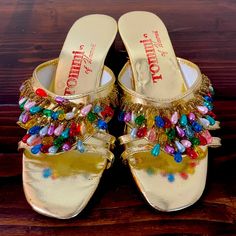 Gold Heeled Sandals With Multi Colored Beads. Excellent Condition, Never Worn, Discoloration To Underside From Adhesive As Shown In Picture Beaded Open Toe Sandals For Party, Festive Open Toe Sandals For Spring, Multicolor Festive Sandals For Summer, Beaded Sandals, Gold Heels, Heeled Sandals, Red Gold, Women's Shoes Sandals, Multi Colored