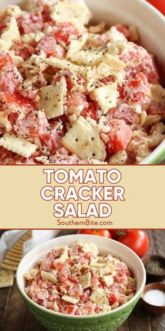 tomato cracker salad in a green bowl on a wooden table with text overlay