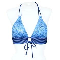 Double spaghetti ties at neck, keyhole front ties & hook back closure. Adjustable Blue Halter Top For Beach Season, Halter Neck Tankini For Beach Festival, Beachwear Tops For Beach Season Holiday, Blue Swimwear For Holiday Beach Season, Adjustable Blue Tankini For Vacation, Holiday Beachwear Tops For Beach Season, Beach Season Holiday Beachwear Tops, Holiday Beach Season Beachwear Tops, Halter Neck Swimwear For Beach Season Holiday