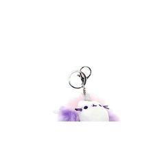 a white stuffed animal with purple and pink fur on it's head is hanging from a keychain