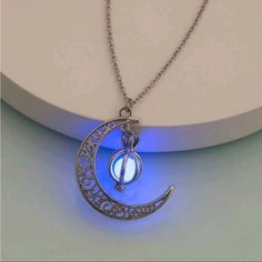 Brand New Super Cute Rare Glowing Luminous Crescent Moon Necklace! (Charges Best In Natural Sunlight, Glows Best In Dark) Alloy Metal Silver Moon-shaped Jewelry For Party, Silver Moon Shaped Jewelry For Party, Silver Moon-shaped Party Jewelry, Magical Luminous Blue Jewelry, Blue Luminous Jewelry For Party, Luminous Blue Jewelry For Parties, Luminous Silver Jewelry For Party, Pagan Aesthetic, Fantasy Jewelry Magic