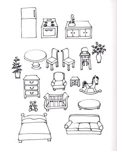 a black and white drawing of furniture in various positions, including a couch, chair, coffee table, bed, dresser, mirror