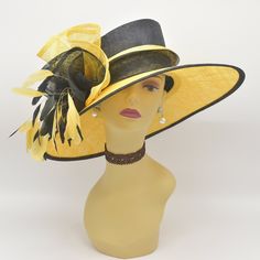 "✿*.Key Features.*✿ This is a two-toned wide brim hat. It's designed with circinate bows, matching color stripped feathers, very special! Great for Kentucky derby, weddings, church, Easter, Royal Ascot, horse races, cocktails, tea party, or any hat wearing occasion. Hat base size: From front to back: 15.5\"(39.5cm) From left to right: 17.5\"(44.5cm) Head girth: 22.5\"(57 cm), adjustable string inside to make smaller to fit your head. If you want other colors in this style, just search the same i Yellow Fedora For Kentucky Derby, Yellow Kentucky Derby Wedding Hat, Fitted Yellow Hat For Kentucky Derby, Yellow Wide Brim Hat, One Size, High-end Yellow Mini Hat For Kentucky Derby, Sinamay Hats, Easter Hats, A Hat In Time, Hat Base