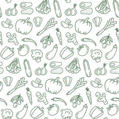 a bunch of vegetables that are drawn in green ink on a white paper with black lines