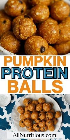 pumpkin protein balls in a white bowl and on a blue and white tablecloth with text overlay