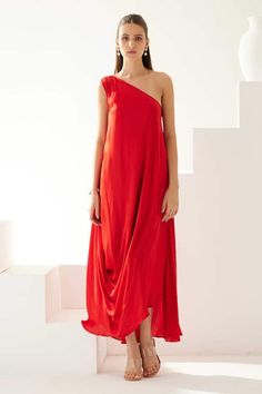 Red one shoulder asymmetric dress in a draped solid base. - Aza Fashions Asymmetric Dress, Fashion App, Asymmetrical Dress, Dress Red, Dress For Women, Aza Fashion, Red Dress, One Shoulder, Womens Dresses