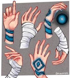 several different types of hands with bandages on each arm and one hand holding an object