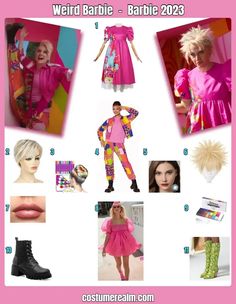 the costume guide for barbie dolls is shown in pink and green colors, including an image of