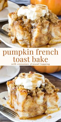 pumpkin french toast bake with cinnamon - spiced topping on top and in the background