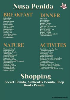 the menu for nusa penida breakfast dinner and shopping with text overlaying it