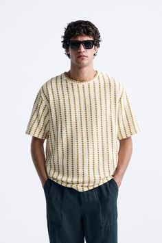 TEXTURED STRIPED T-SHIRT - Ecru/Yellow | ZARA United States Off White Relaxed Fit Crew Neck Tops, Zara Off White Tops For Summer, Zara Off White Summer Tops, Yellow Short Sleeve Tops For Summer, Mustard Crew Neck Top For Spring, Casual Beige Short Sleeve Top For Summer, Casual Off White Tops With Graphic Print, Casual Off White Graphic Print Tops, Casual Off-white Tops With Graphic Print