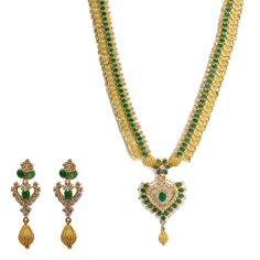 22K Yellow Gold Necklace & Earrings Set W/ Emeralds, CZ Gems & Large Heart Pendants - Virani Jewelers 22k Gold Necklace, Pendants For Women, Heart Pendants, Yellow Gold Necklace, Gold Bead Necklace, Large Heart, Necklace And Earrings Set, Necklace And Earrings, 22k Gold