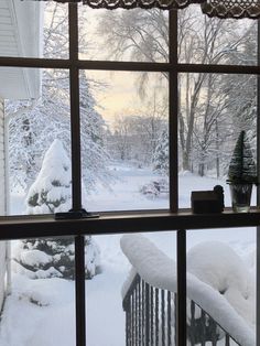 a window with snow on the outside and trees in the back ground, looking out onto a snowy yard