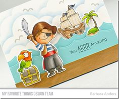 a card with a boy holding a pirate's ship and an island on it