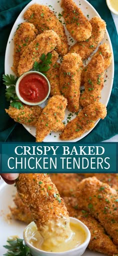 crispy baked chicken tenders on a plate with dipping sauce