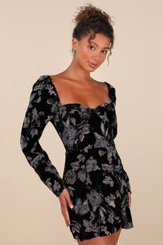 Sultry and sophisticated meet in the middle with the Lulus Simply Decadent Black Floral Velvet Burnout Bustier Mini Dress! Plush velvet features burnout chiffon florals as it shapes long sleeves with elasticized shoulders. Bodice has a sweetheart neckline, atop a bustier-style bodice with padded cups and a fitted waist. Skirt has a bodycon silhouette, ending at a notched mini hem. Hidden zipper/clasp at back. Fit: This garment fits true to size. Length: Mid-thigh. Size medium measures 30.75" from shoulder to hem. Bust: Great for any cup size. Waist: Fitted - very fitted at natural waist. Hip: Loosely Fitted. Undergarments: Padded cups - May be worn with an adhesive bra, petals, or no bra. Fabric: Fabric has no stretch. Dress is lined. Sleeves are unlined. Shell: 65% Viscose, 35% Nylon. Lin Glamorous Fitted Square Neck Dress, Glamorous Fitted Dress With Square Neck, Fitted Dress With Open Neckline For Cocktails, Fitted Floral Print Mini Dress For Party, Fitted Mini Dress With Open Neckline For Cocktail, Chic Fitted Floral Print Mini Dress, Black Fitted Dress With Open Neckline, Party Mini Dress With Floral Print And Fitted Bodice, Glamorous Fitted Mini Dress For Brunch