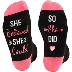 NOTES TO SELF SOCKSNotes to self socks womens. The top and the bottom features a funny secret message written in non-slip ink: “SHE BELIEVED SHE COULD, SO SHE DID”. These motivational socks are made of luxury cotton, which is soft and moisture repellent, wrapping your feet with excellent comfort.SIZE & PACKINGOne size fits most.Inspirational socks for women, motivational socks for women. One size fits all socks, recommend women shoe size 6 - 11; 1 pair of non slip comes in each plastic zippe