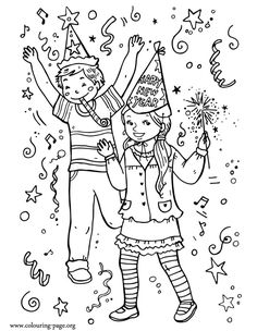 two kids celebrating their birthday with party hats and confetti in the air coloring page