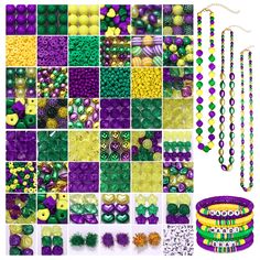 many different colors of beads and chains are shown in this collage, including green, purple