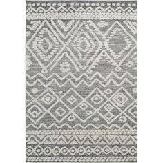 a gray and white rug with an intricate design on the bottom, in front of a white background