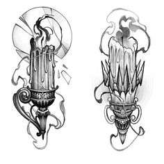 two drawings of candles with flames coming out of them