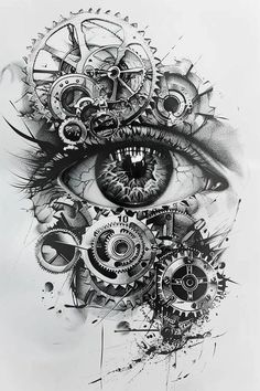 a drawing of an eye with gears in the center and other things on it's face