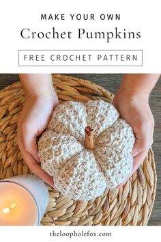 Picture is taken from the top down. It shows hands holding a pumpkin made in cream colored cotton yarn above a round jute placemat, as if just being placed as a piece of crochet home decor. Pumpkin Patterns Free, Crochet Fall Decor, Crochet Pumpkins, Crochet Decoration, Holiday Crochet