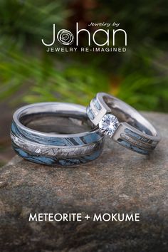 Meteorite and Mokume Wedding Rings Masc Lesbian Engagement Rings, Meteorite Ring Engagement, Wedding Rings For Men Unique, Unique Engagement Rings For Men, Native American Wedding Rings, Mokume Gane Ring Wedding, Lesbian Engagement Ring, Lesbian Wedding Rings, Engagement Ring Men