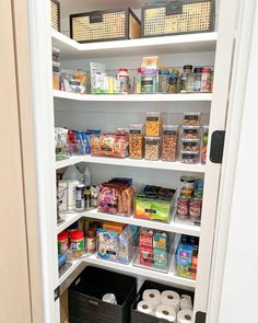 the pantry is stocked with all kinds of food and supplies, including rolls of toilet paper