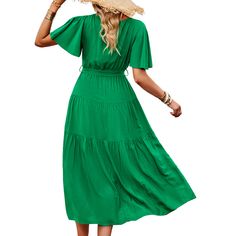 Green V Neck Tie Waist Short Sleeve Casual Dress Fall Green Maxi Dress With Short Sleeves, Casual Green Belted Midi Dress, Women Dresses Casual, Casual Dress Women, Tie Waist Shorts, Women Dresses, Dresses Casual, Casual Dresses For Women, Neck Tie