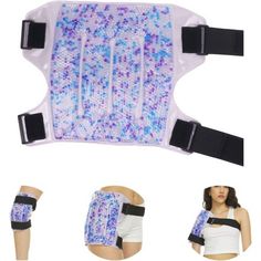 an image of a woman wearing a purple and blue waist belt with multiple different images