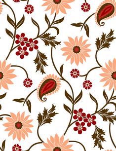 a floral pattern with red and orange flowers on a white background that is seamless