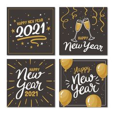 four new year cards with balloons and confetti