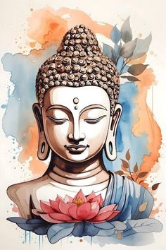 the buddha statue is painted with watercolors