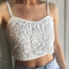 Nasty Gal Sequin Crop Tank With Adjustable Straps And A Side Zipper. Never Worn! White Cropped Tank Top For Party, White Sequined Tank Top For Spring, Spring White Sequined Tank Top, White Sequined Crop Top, Fitted White Sequined Tank Top, Spring White Sequined Tops, White Sequined Tops For Spring, Crop Tank, Side Zipper