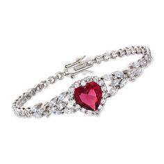 Ross-Simons - 7.25ct Simulated Ruby, 6.67ct t.w. Cubic Zirconia Heart Bracelet. 7". Regal and romantic, this bracelet looks just as luxurious as rubies and diamonds. Features a 7.25 carat heart-shaped simulated ruby in a flourish of marquise and round brilliant-cut CZs totaling 6.67 carats. Set in polished sterling silver. Double-latch safety. Box clasp, CZ and simulated ruby heart bracelet. Carat weights are diamond equivalents. Ruby birthstones are the perfect gift for July birthdays. Rubies And Diamonds, Sterling Silver Heart Bracelet, Beautiful Baubles, Safety Box, Gold Heart Studs, Ruby Heart, Diamond Heart Pendant Necklace, Silver Heart Bracelet, Ruby Bracelet