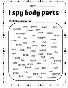 i spy body parts worksheet with words and pictures on the front page to help students