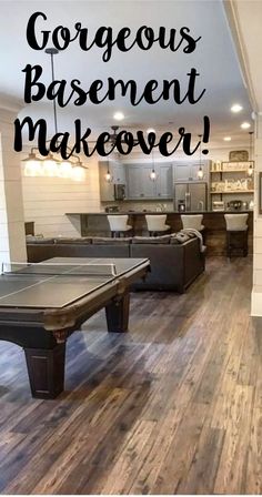 a living room filled with lots of furniture and a pool table in the middle of it