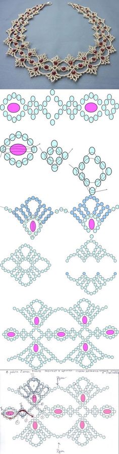 several different types of beaded jewelry are shown in three different pictures, one is blue and the other is pink