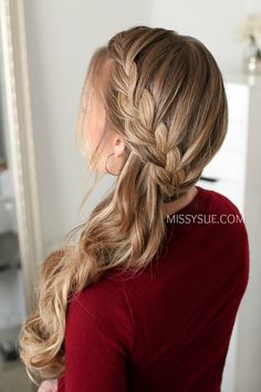 Sideswept French Braid | MISSY SUE Side Braid Wedding Hair Medium Length, Bridesmaid Hairstyle Side Braid, Side Swept Dutch Braid, Formal Side Braid, Bridesmaid Hairstyles Side Swept, Bridesmaid Hair Side Swept, Wedding Side Braid Hairstyles, Side Hair Braid, Side Braid Hairstyles With Curls