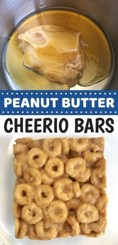 there are two pictures of peanut butter and cheerio bars on the same plate, one has pretzels in it