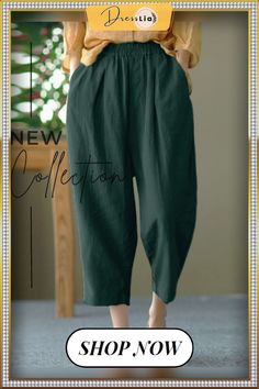 Women Solid Pocket Elastic Waist Casual Harem Pants Casual High-waisted Green Harem Pants, Baggy High-waisted Green Pants, Green Baggy Bottoms, Loosely Fitted Green Bottoms, Green Baggy Bottoms With Solid Color, Green Ankle-length Harem Pants With Pockets, Green Ankle-length Harem Pants For Work, Green Ankle-length Harem Pants For Fall, Baggy Green Pants