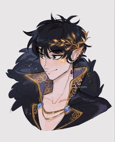 an anime character with black hair and gold trimmings, wearing a blue jacket