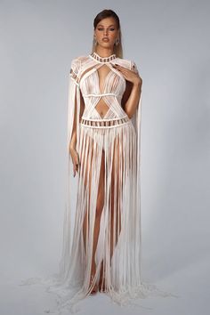 Effortlessly Chic: White Maxi Knit Fringe Dress for Stylish Summer Fun – Acmefun White Macrame Summer Dress, Summer Fringe Maxi Dress For Beach Cover-up, Kendall Jenner Summer, White Fringe Beach Dress Cover-up, Luxury Bohemian Macrame Dress, Summer Macrame Beach Cover-up Dress, Macrame Clothes, Beach White Dress, Velvet Maxi Dress