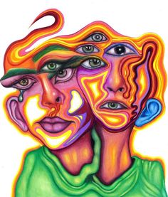 a drawing of two people with different colored faces