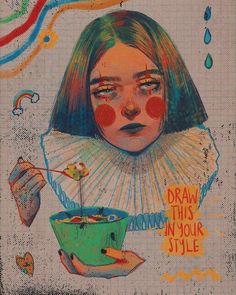 a drawing of a girl with clown makeup holding a green cup in front of her face