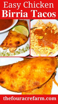 easy chicken burrito tacos with rice and salsa on the side are shown in three different pictures