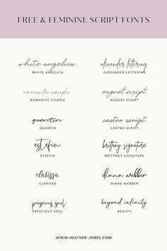 the free and feminine script font set is shown on a white background with pink accents