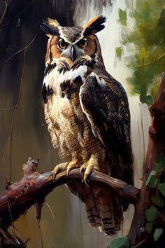 an owl sitting on top of a tree branch in front of a waterfall with leaves